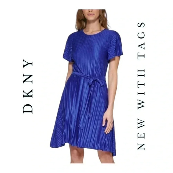 Dkny MINI ACCORDION DRESS ROYAL BLUE IN COLOR SIZE 2 WITH TIE - Picture 1 of 13
